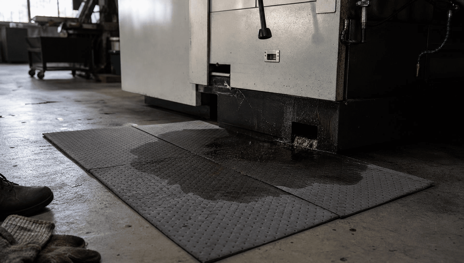 Gray universal absorbent pads controlling machine oil drip in a workshop