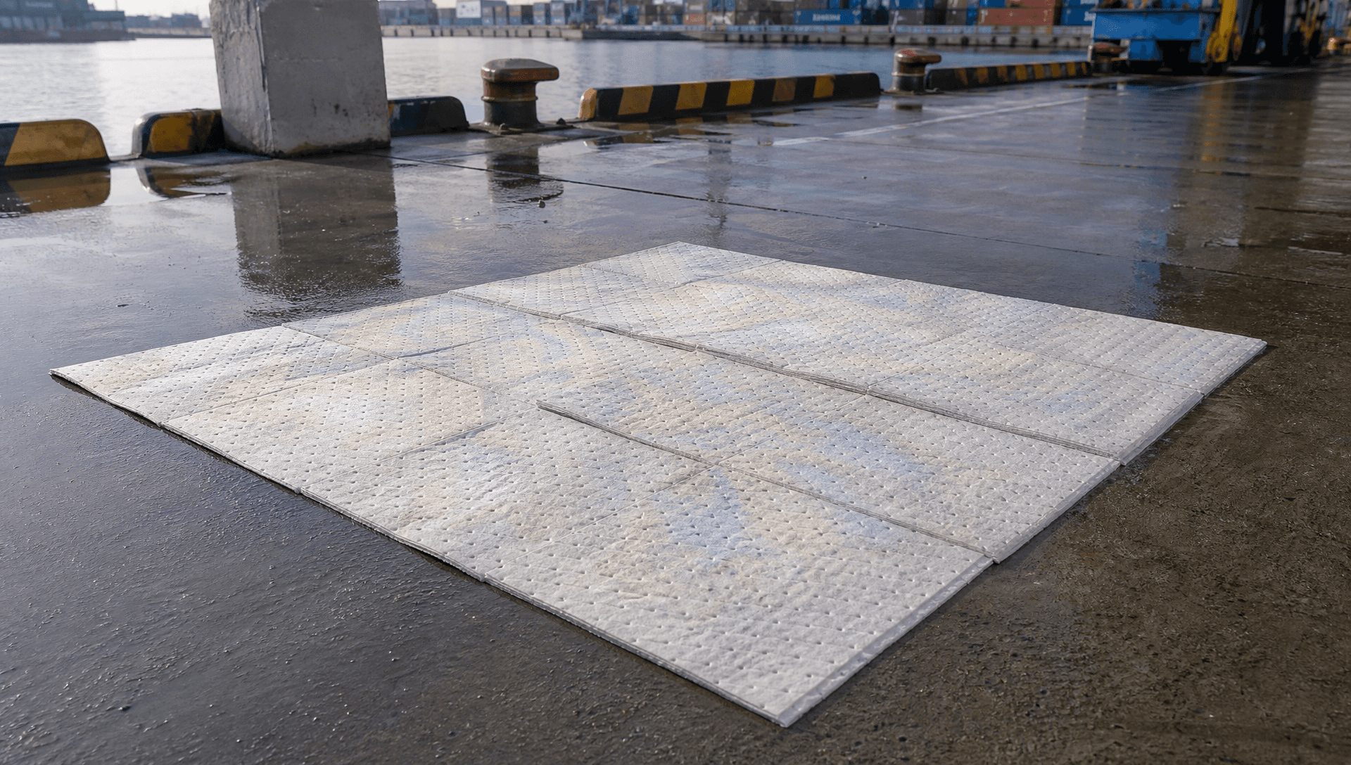 White oil-only absorbent pads on a wet harbor dock with an oil sheen