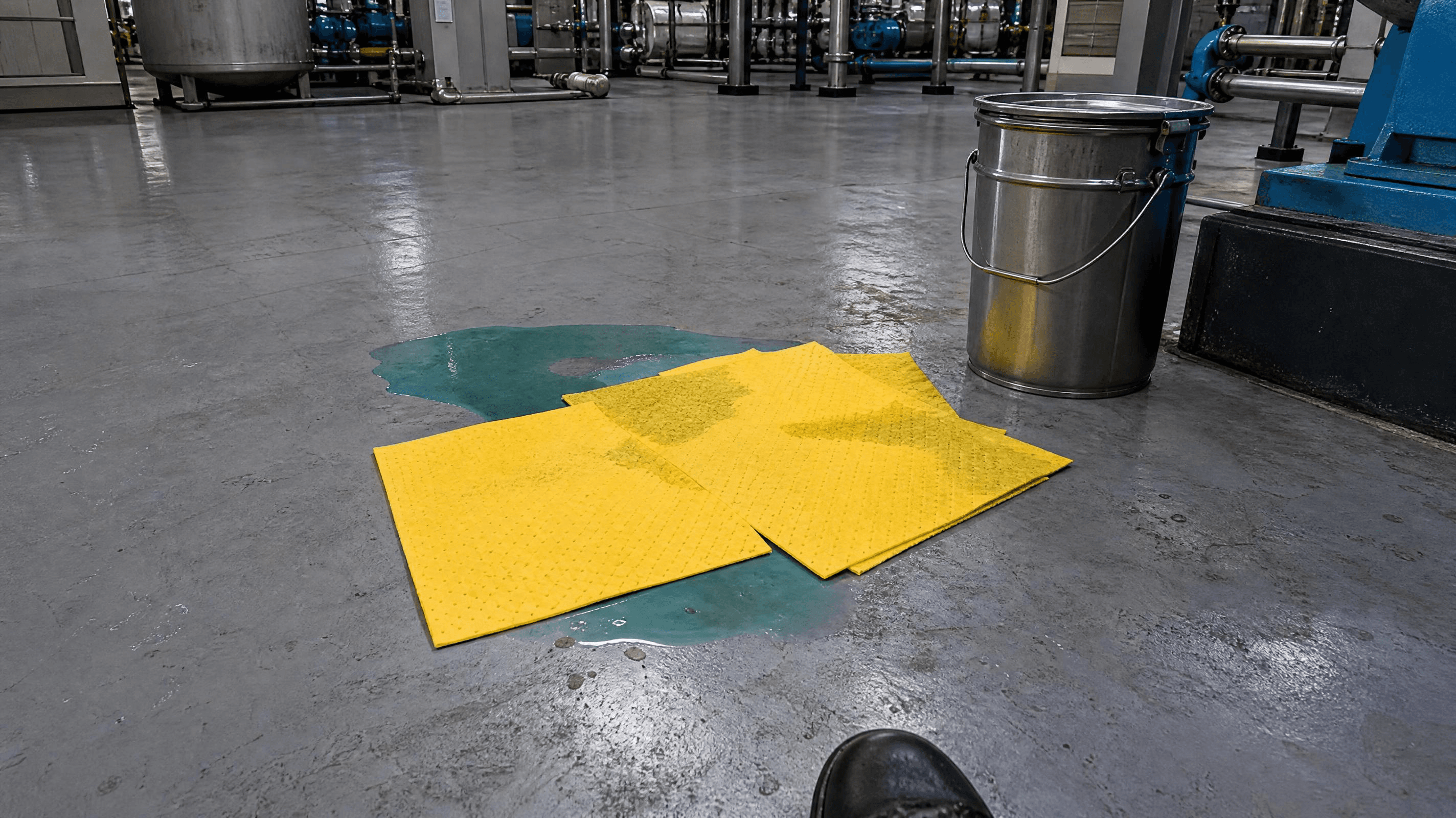 Yellow chemical absorbent pads on a teal chemical spill