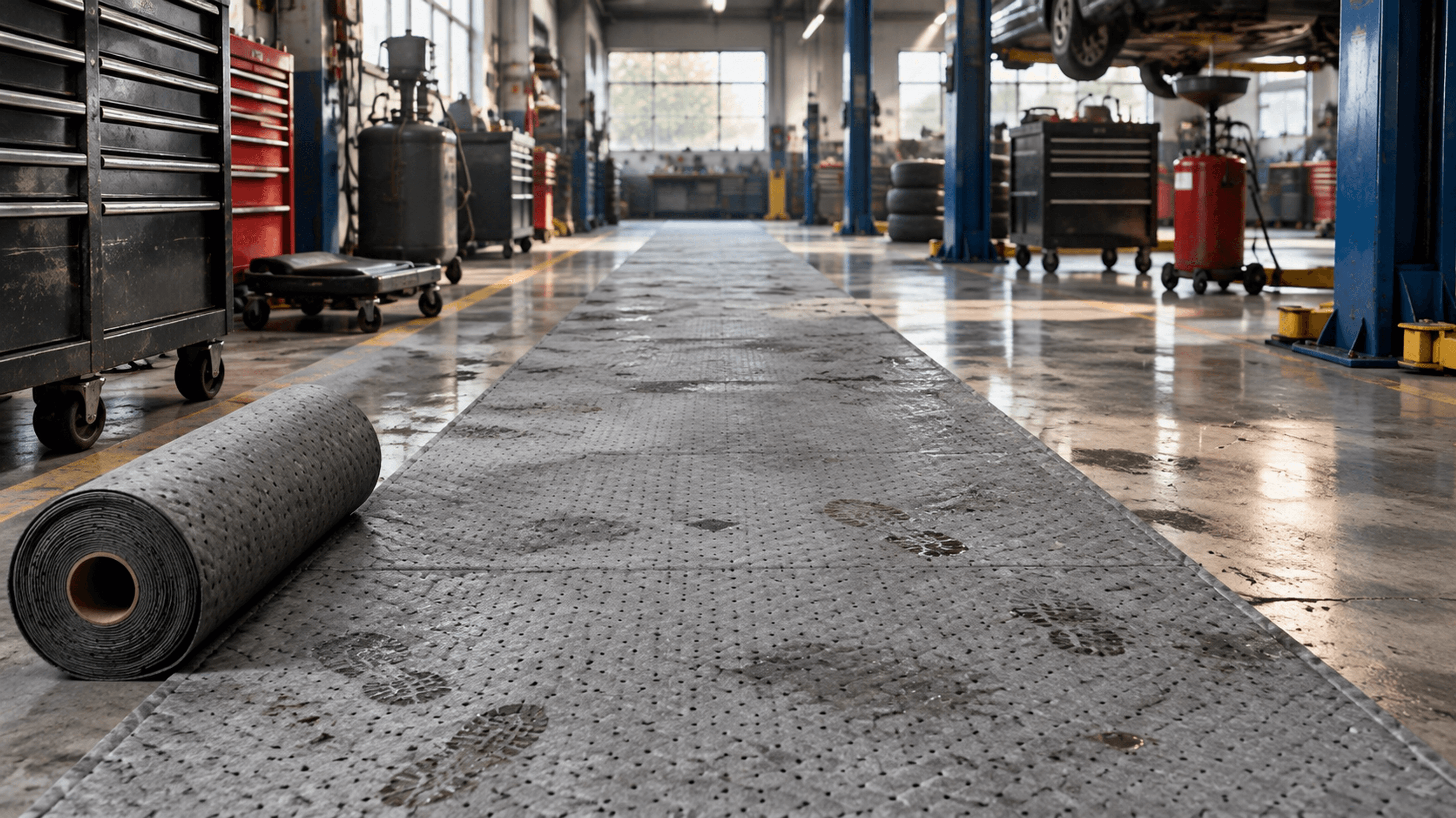 Gray absorbent roll laid as an auto-shop walkway